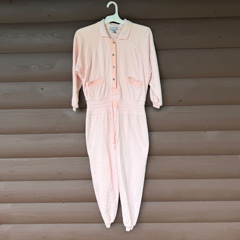 Vtg 80s/90s Jolly Light Pink Fleece Jumpsuit One-Piece Sweatsuit S Made in USA